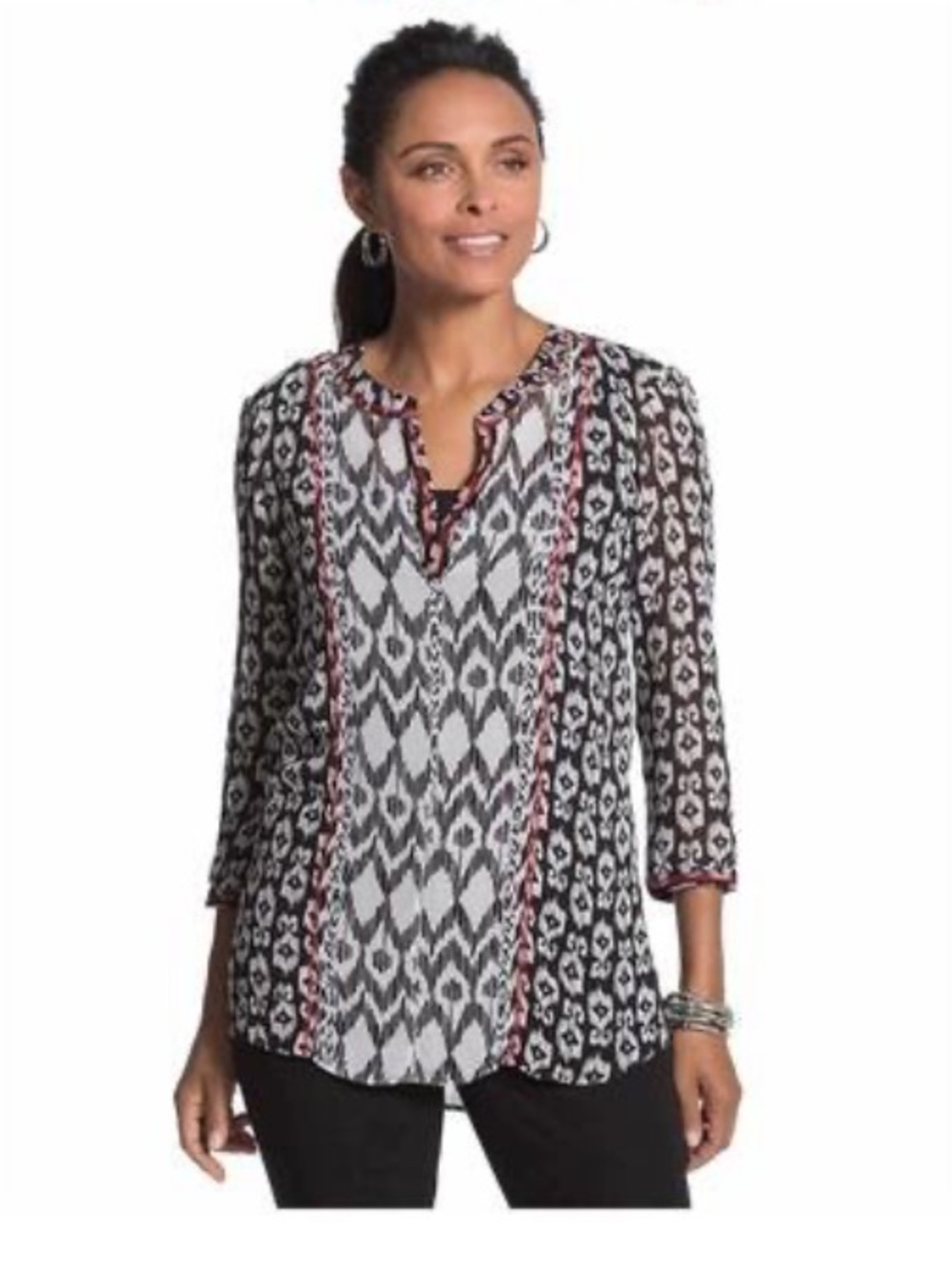 Chico's Black & White Printed Split-Neck Tunic with Red Trim sheer